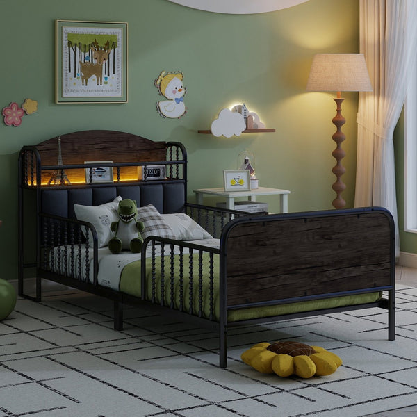 English Elm Twin Solid Wood Platform Bed with Guardrail for Kids, Low-Profile Sturdy Pine Frame, Safe Sleep Solution Black 43.7 L x 16.93 W x 9.65 H W2593P337436