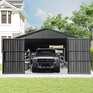 English Elm 12x15ft Outdoor Steel Carport Shed with Lockable Doors and Weather Resistant Frame W1859P382847