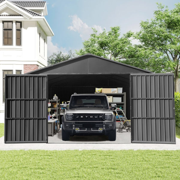 English Elm 12x15ft Outdoor Steel Carport Shed with Lockable Doors and Weather Resistant Frame W1859P382847