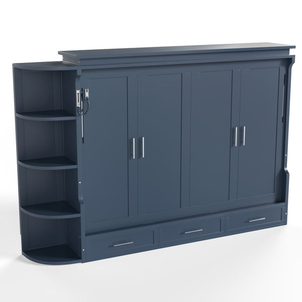 English Elm Full Size Murphy Wall Bed with Side Cabinets Three Drawers and Shelving for Small Spaces Blue W1580S00451
