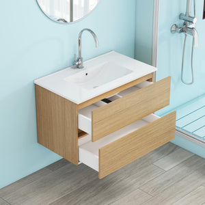 English Elm 32-Inch Wall-Mounted Bathroom Vanity With Soft-Close Drawers, Ceramic Sink & Modern Design Finish W3151S00041