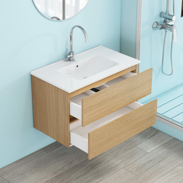 English Elm 32-Inch Wall-Mounted Bathroom Vanity With Soft-Close Drawers, Ceramic Sink & Modern Design Finish W3151S00041
