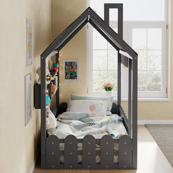 English Elm {slats Are Not Included} Twin Montessori House Floor Bed Kids Tent Lights Shelves Pinewood Frame Gray N708P407962E