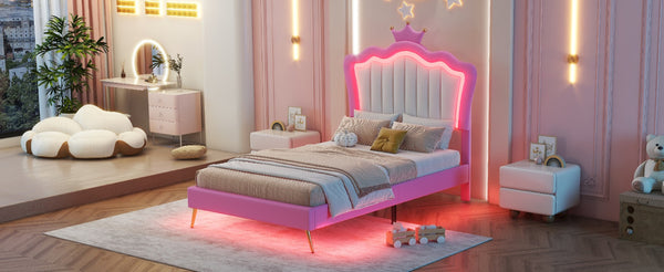 English Elm Twin Size Upholstered Bed Frame With Crown Headboard & Led Lights - Modern Pink & White Princess Style W2770P190377-GIGA
