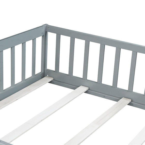 English Elm Full Size Rubberwood Floor Bed with Safety Guardrails and Latching Door for Toddlers Grey W504P429296