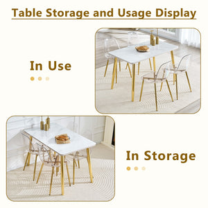 English Elm Table and Chair Set Marble Glass Top Gold Legs Four Seat Dining for Small Spaces Transparent,White+Gold W1151S04638
