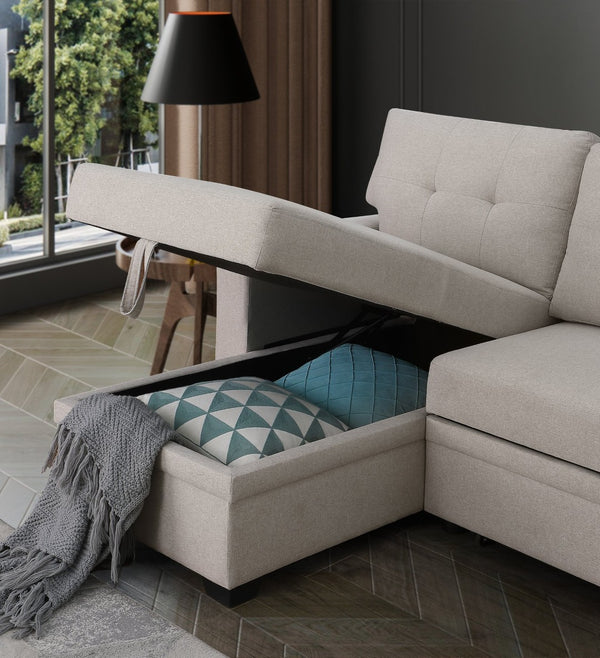 English Elm Convertible Upholstered Sectional Sofa with Pull-out Chaise Sleeper and Storage Beige B2730S00005