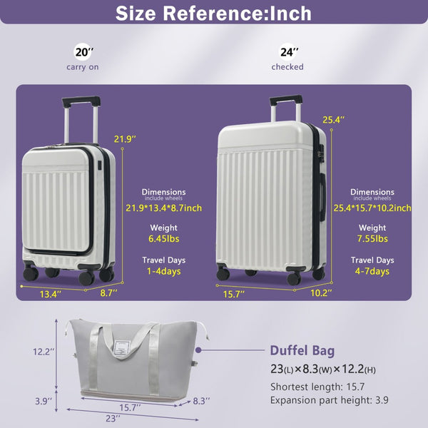 English Elm Front Access Hardside 3 Piece Travel Set with Usb Port Spinner Wheels and Tsa Lock Grey+White N732P326130D