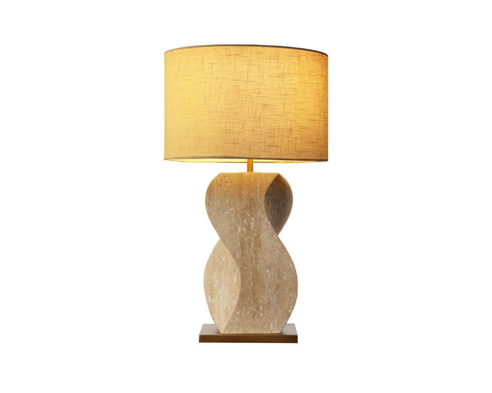 Sunpan ANUSHA Table Lamp - Hand-Carved Solid Travertine Base, Textured Shade & Warm Brass Accents, 30" Tall 112157