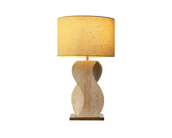 Sunpan ANUSHA Table Lamp - Hand-Carved Solid Travertine Base, Textured Shade & Warm Brass Accents, 30" Tall 112157