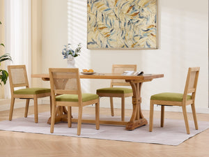English Elm Farmhouse Rattan Back Dining Chairs Set of 2 with Linen Seat and Hardwood Legs Olive Green W1143P452936