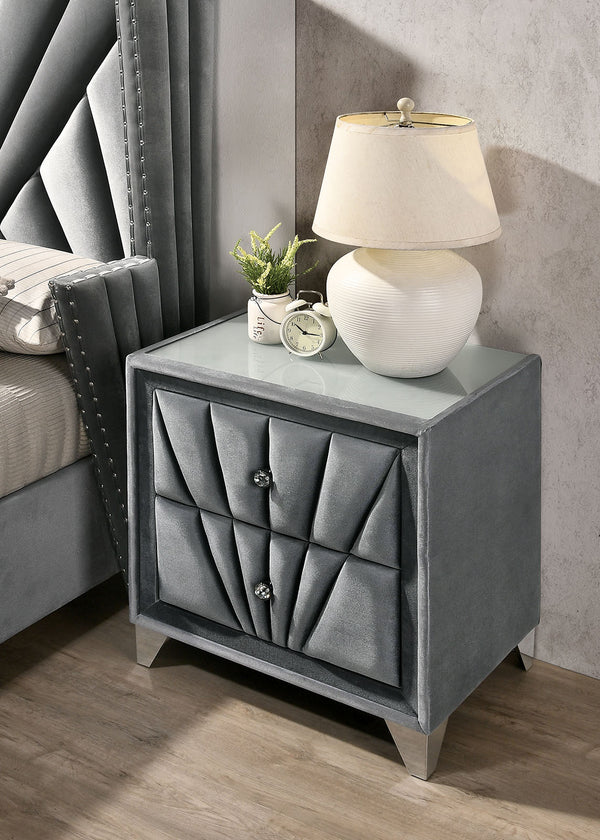 English Elm Gorgeous Art Deco Upholstered Nightstand with Velvet Finish, Glass Top, Crystal Knobs & Chrome Legs Gray 20 L x 28.5 W x 25 H B2741P320906