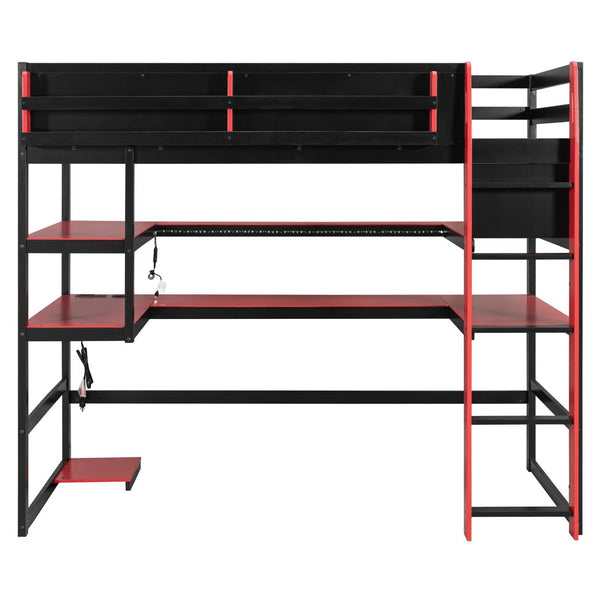 English Elm Twin Loft Bed with Rgb Lighting Usb Ports Wraparound Shelves and Gaming Desk Red LT000298AAJ