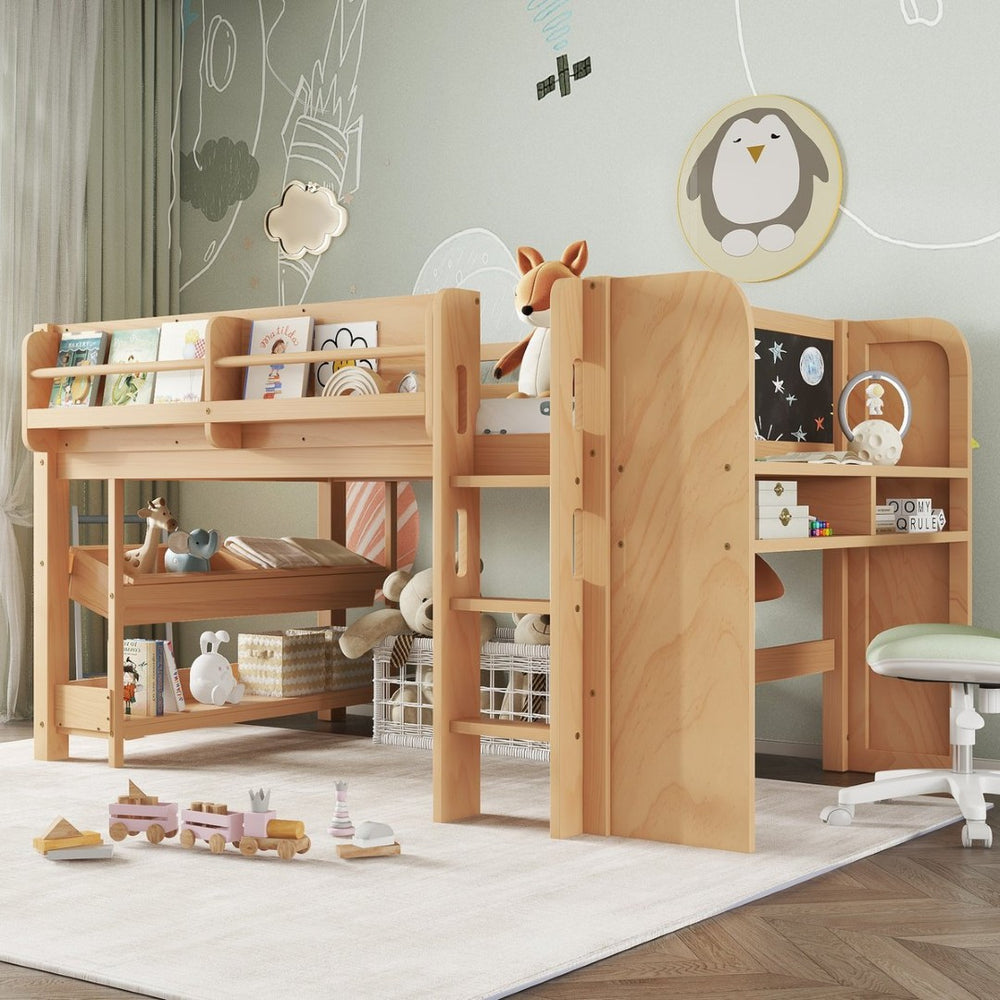 English Elm Twin Low Loft Bed Solid Pine Frame Kids Study Desk Blackboard Storage White W1580S00574