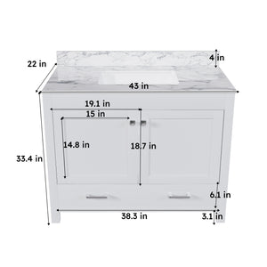 English Elm Modern 43" Bathroom Vanity With Luxurious Carrara White Top, Soft-Close Drawers & Sturdy Storage Solutions W509S00143