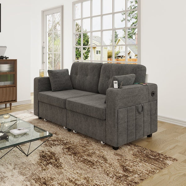 English Elm Sofas for Living Room Chenille Three Seat Couch with Usb Charging Storage and Cup Holder Gray W395S00143