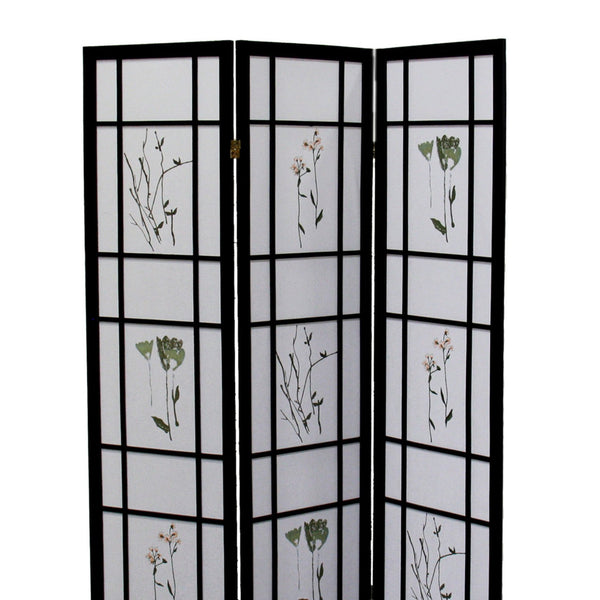 English Elm 70" Tall Shoji Room Divider - Elegant 3-Panel Screen In Black With Floral Design For Stylish Spaces B072115964