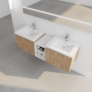 English Elm 60 Inch Wall Mounted Vanity with Dual Resin Sinks, Soft Close Doors, Metal Handles & Shelves Durable Finish Imitative Oak W999S00186
