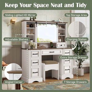 English Elm 47.2" Farmhouse Vanity Desk with Led Mirror Sliding Storage Stool 9 Drawers Oak White N704G202304A