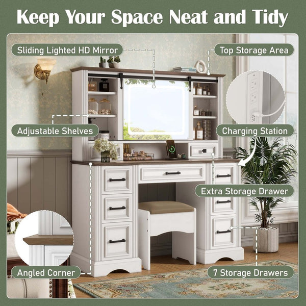 English Elm 47.2" Farmhouse Vanity Desk with Led Mirror Sliding Storage Stool 9 Drawers Oak White N704G202304A
