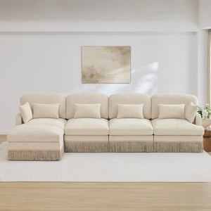 English Elm 131"comfy Chenille Leopard Print Sectional Sofa with Tassel Trim and Movable Ottoman Beige W5656S00008