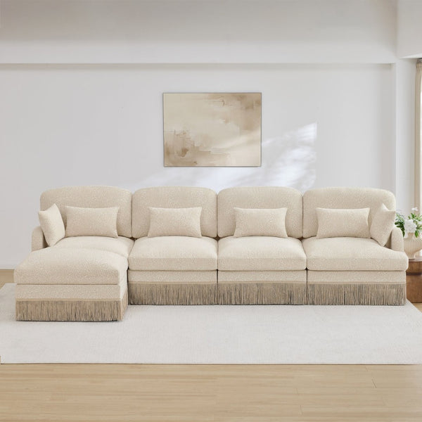 English Elm 131"comfy Chenille Leopard Print Sectional Sofa with Tassel Trim and Movable Ottoman Beige W5656S00008