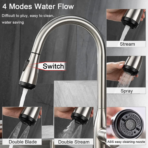 English Elm Single Handle Pull Down Kitchen Faucet Brushed Nickel Steel with 4 Spray Modes T3177P477541
