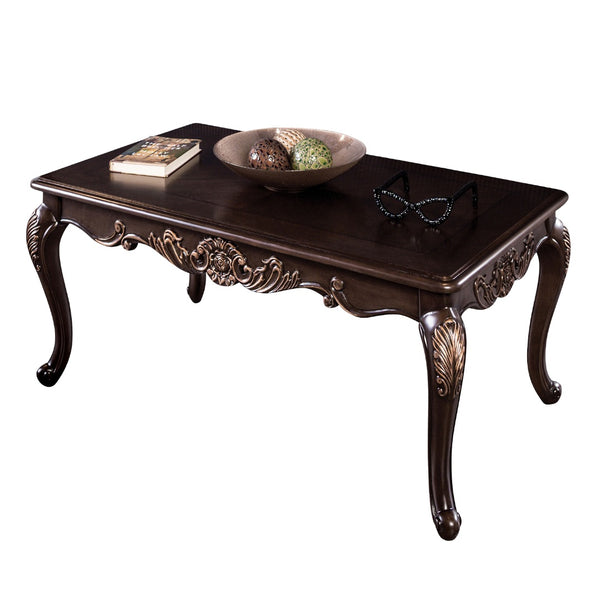 English Elm 1pc Elegant Dark Cherry Coffee Table 52"W Traditional Carved Accents Gold Highlights Cabriolet Legs B2741P361116