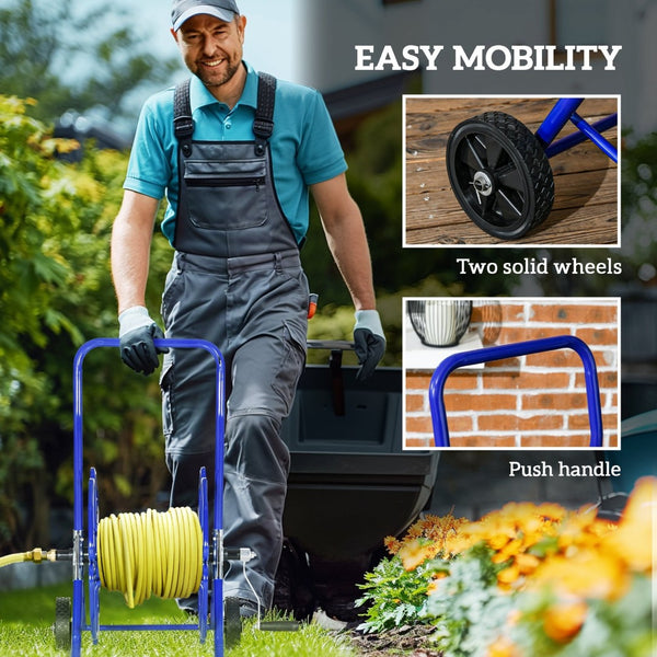 English Elm Outsunny Portable Hose Reel Cart With Wheels - Holds 98' Of 5/8" Hose, Durable Steel Frame In Blue W2225P217240-GIGA