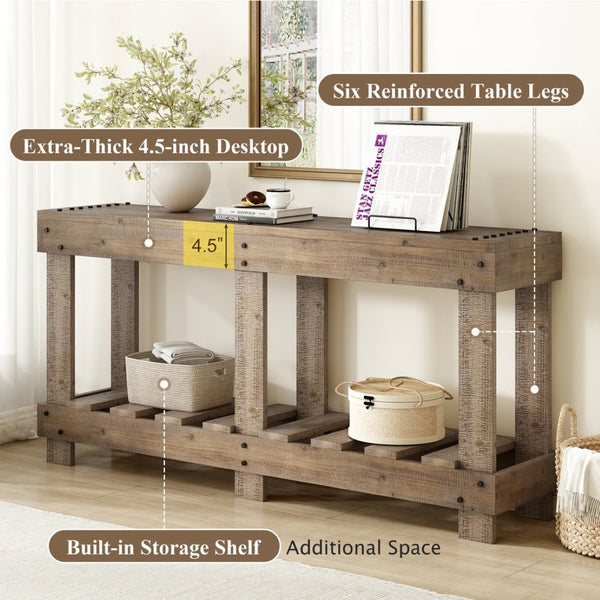 English Elm U_Style 62.9" Vintage Console Table - Solid Fir Wood, Antique Metal Rivets & Under-Shelf Storage Option N711P289135O-GIGA