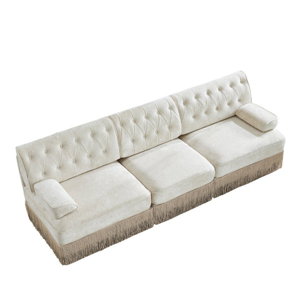 English Elm 3-seater Velvet Sofa with Button Tufting Tassel Fringe Skirt Modular Living Room Design Beige W714S01684