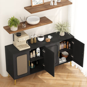 English Elm 59.84" Vintage Four-Door Cabinet with Plastic Rattan Panels, Black MDF Storage Console, Sturdy W757P203147