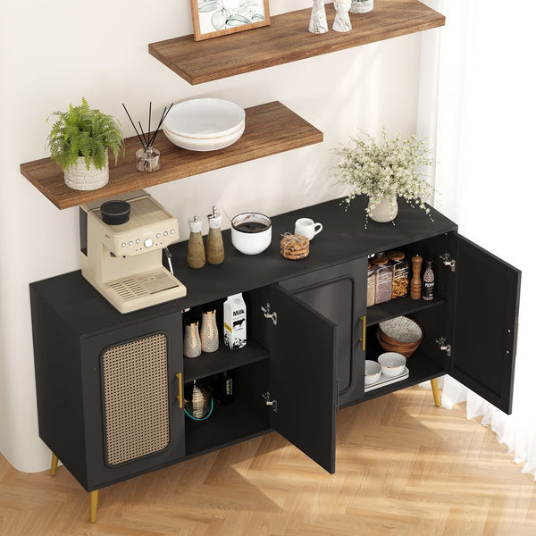 English Elm 59.84" Vintage Four-Door Cabinet with Plastic Rattan Panels, Black MDF Storage Console, Sturdy W757P203147