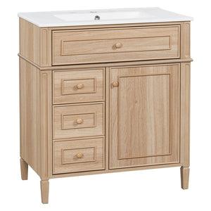 English Elm "30'' 30 Inch Freestanding Bathroom Vanity Solid Pine Cabinet Ceramic Sink Soft Close Storage N725P375498T
