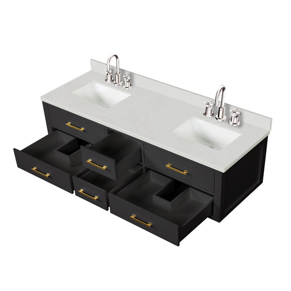 English Elm Black Double Bath Vanity With White Quartz Top, Chrome Faucet Set, Soft-Close Drawers, 72 In. W B2731P258067