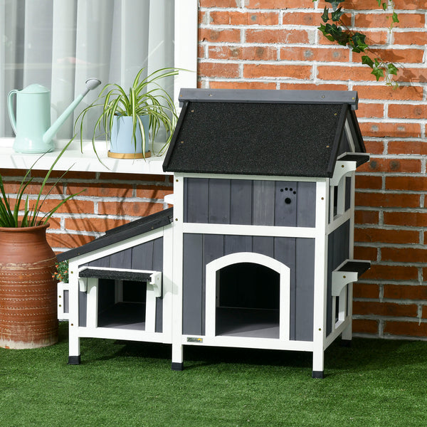 English Elm PawHut Weatherproof Outdoor Cat House with Raised Floor, Garden Planter & Multiple Entrances for Comfort and Play Gray W2225P217560