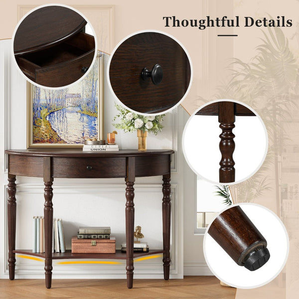 English Elm Trexm Farmhouse Half Moon Entryway Console with Drawer Open Shelf Pine Legs Espresso N715P383795P