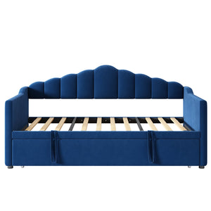 English Elm Upholstered Twin Daybed with Pop-Up Trundle, Built-In USB Type-C Charger, Side Pockets, Velvet Frame Blue 77.25 L x 17.25 W x 5.31 H N733S285118C