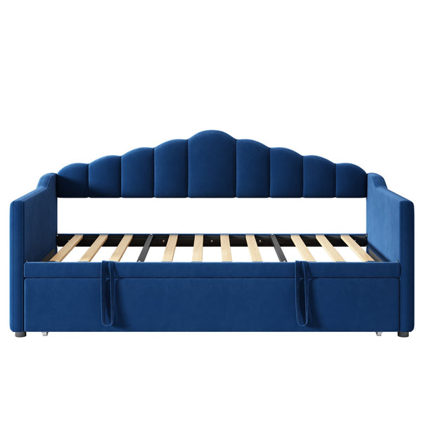 English Elm Upholstered Twin Daybed with Pop-Up Trundle, Built-In USB Type-C Charger, Side Pockets, Velvet Frame Blue 77.25 L x 17.25 W x 5.31 H N733S285118C