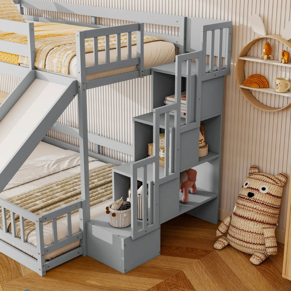 English Elm Twin Over Full Bunk Bed Solid Pine Frame with Built-in Slide and Storage Staircase Grey W504S00289