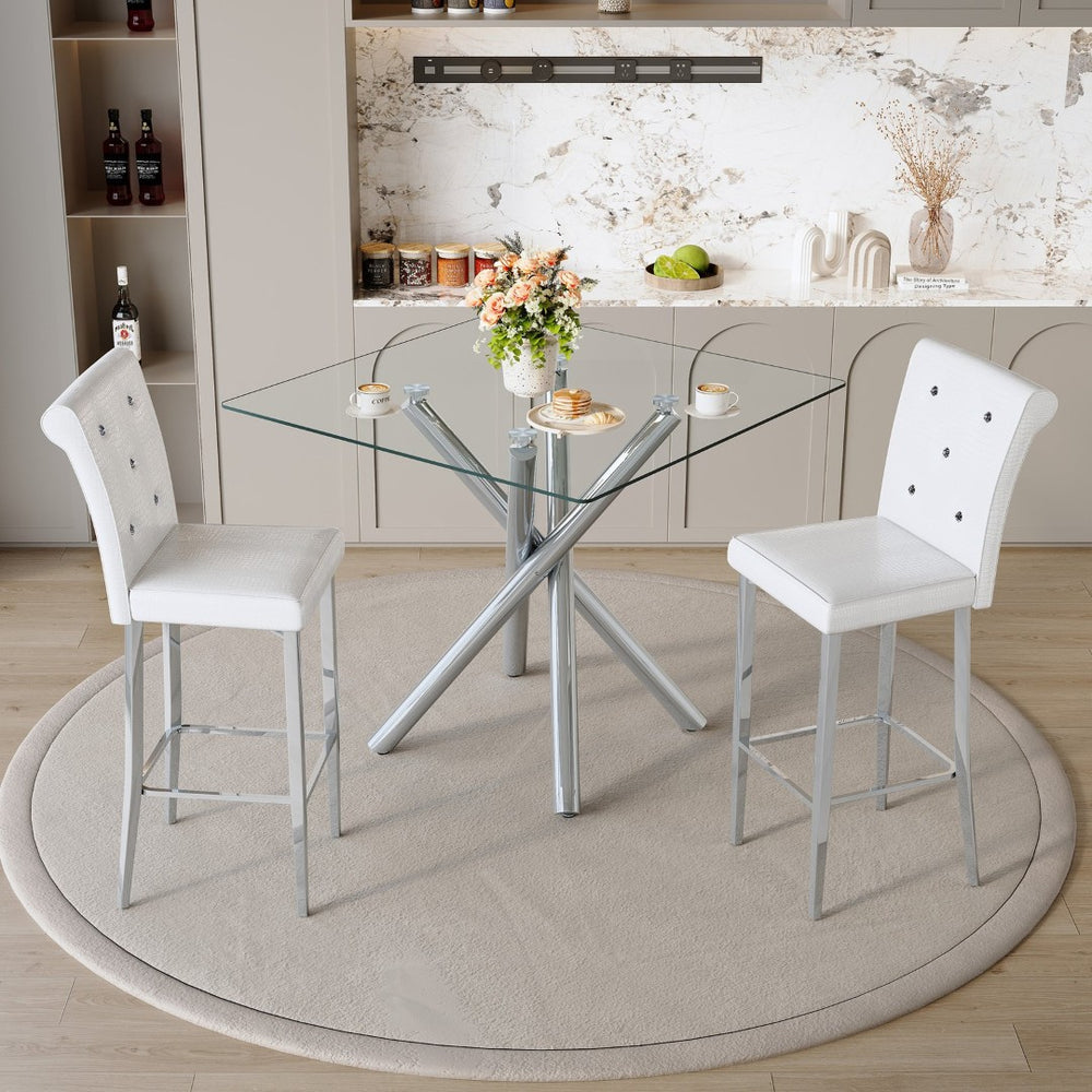 English Elm Modern Tempered Glass Pub Table Set with Chrome Base and White Pu Leather Stools W3875S00034