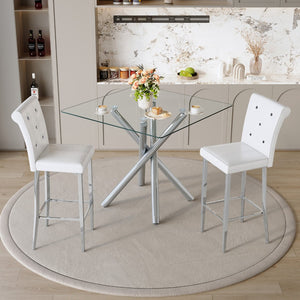 English Elm Modern Tempered Glass Pub Table Set with Chrome Base and White Pu Leather Stools W3875S00034