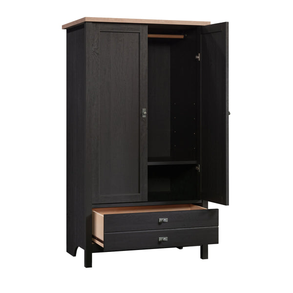 English Elm Armoire, Sleek Black Storage Solution With Adjustable Shelves For Compact Living Spaces & Style B356P402654