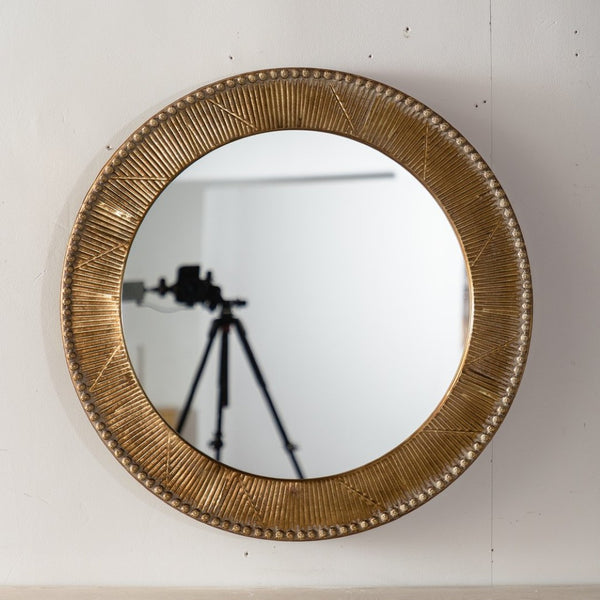 English Elm 31.3" Gold Iron Round Mirror Ribbed Texture Rivets Bohemian Accent for Bedroom W3158P407140