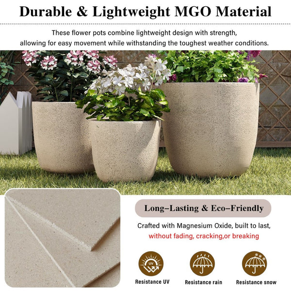 English Elm U_style Mgo Concrete Look Round Planters Set of 3 Lightweight Stackable Outdoor Pots Beige+Yellow N711P406670E