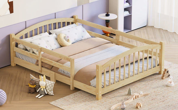 English Elm Full Montessori Pine Wood Floor Bed with Safety Rails Low Profile Kids Room Frame Natural N733P400299N