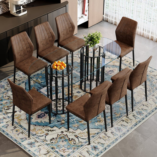 English Elm Table Set Oval Tempered Glass 71 Inch Top with Eight Faux Suede Chairs Modern Dining W1151S04760