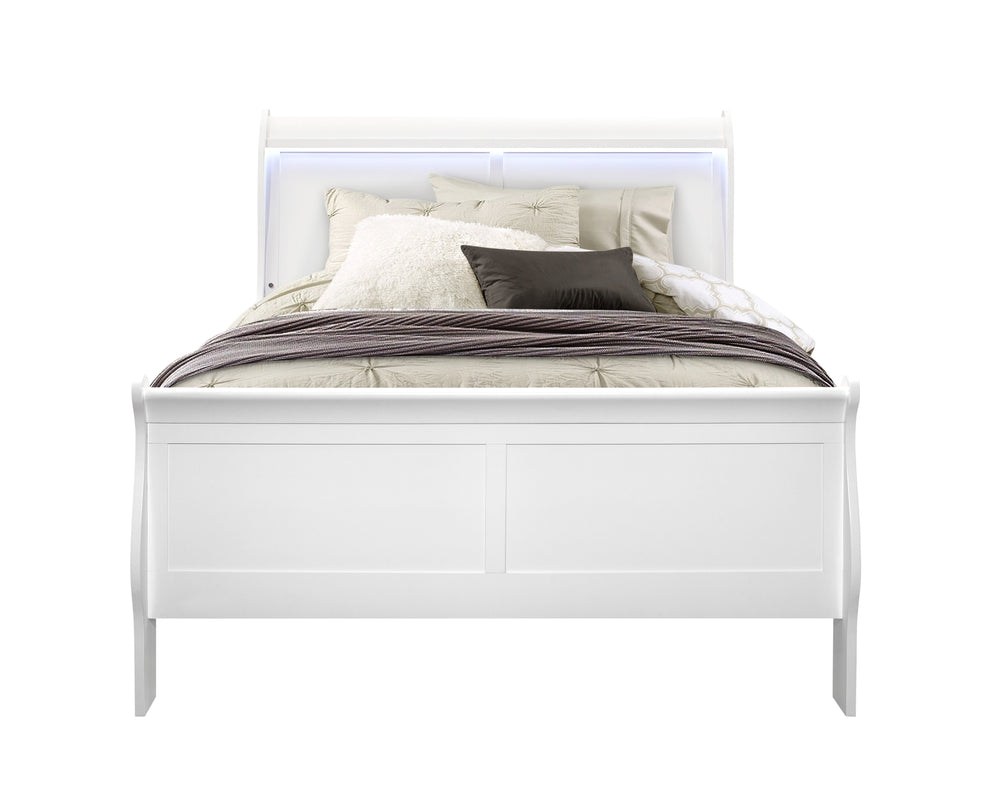 English Elm CHARLSTON Solid Wood Full Sleigh Bed with LED Headboard, Transitional Panel Design, Durable Finish White 78.13 L x 7.88 W x 4.88 H B201S00006