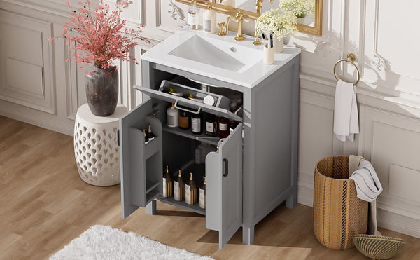 English Elm 24"Bathroom Luxurious Space-Saving Vanity with Ceramic Sink, Solid Wood Frame, Soft-Close Doors and Storage Grey N729P183716E
