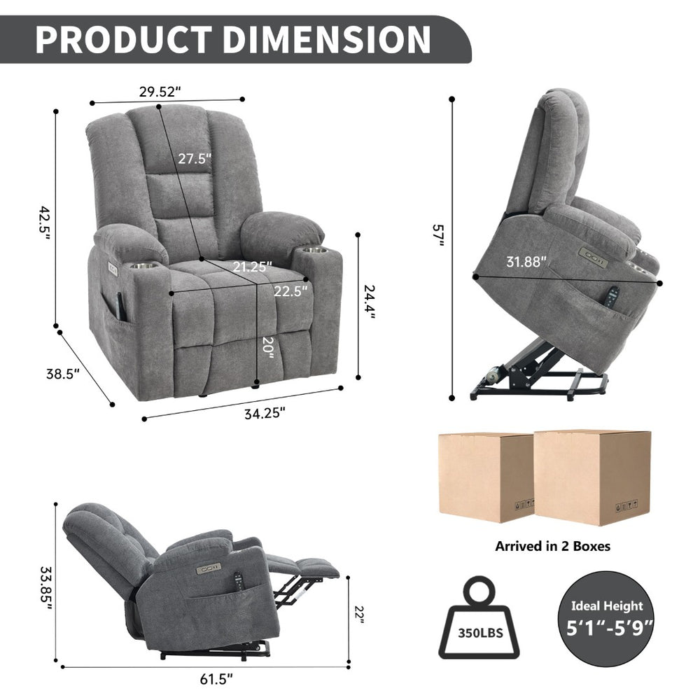 English Elm Emon's Overstuffed Chenille Power Lift Recliner with Massage Heat and Charging Ports Light Gray W1803S00091